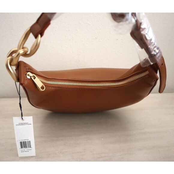 French Connection Cognac PU Leather Moritz Textured Smooth Hobo Shoulder Bag - Picture 7 of 14
